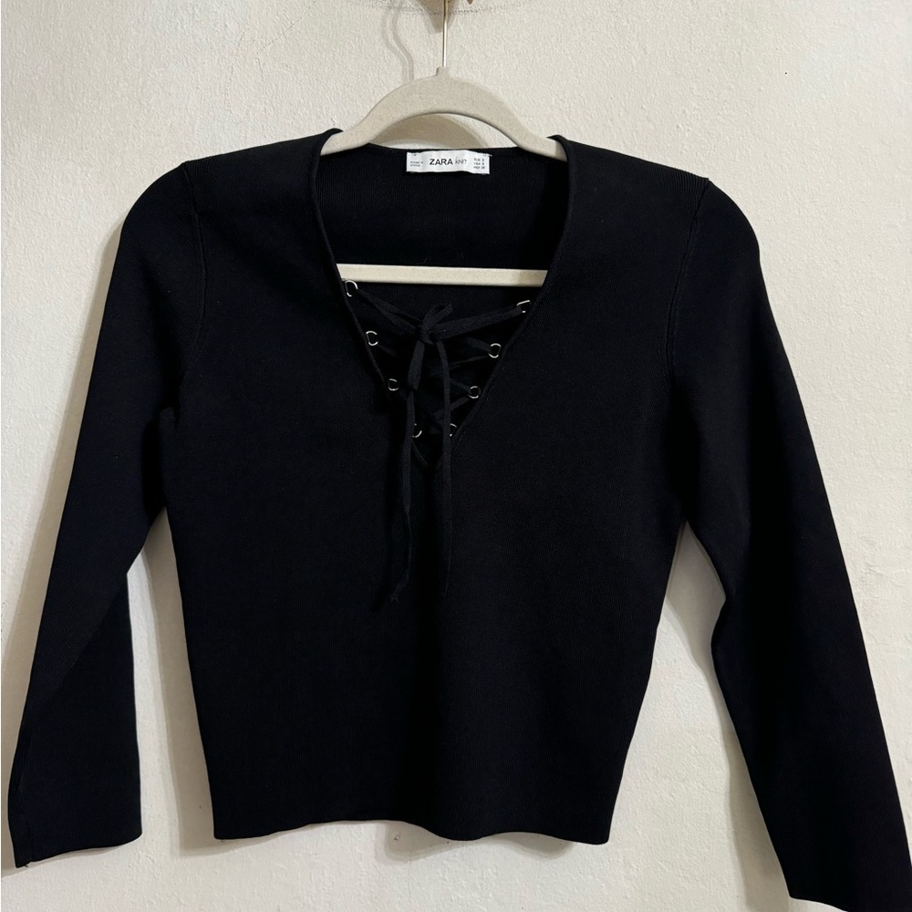Zara Black Lace-Up Sweater Size S NWOT